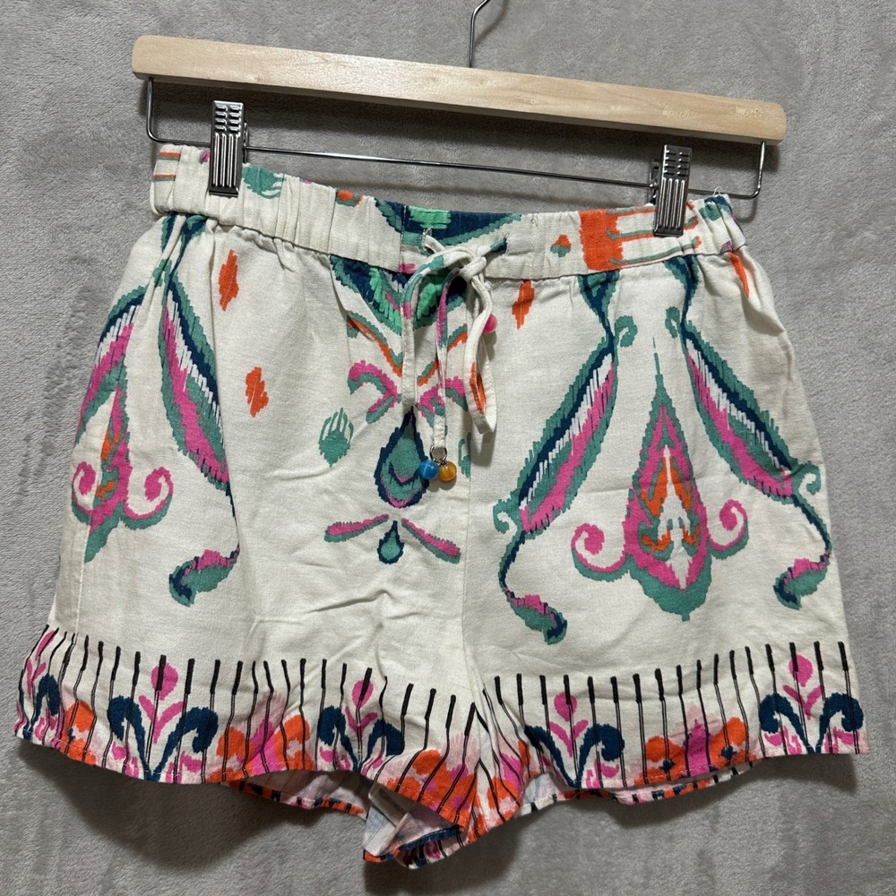 Zara Womens Linen Blend Ikat Print Shorts White Pink Green Small Drawstring Boho
